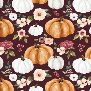 Fall Watercolor Pumpkin Floral on Maroon Red 12 inch