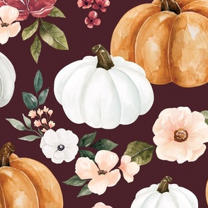 Fall Watercolor Pumpkin Floral on Maroon Red 24 inch