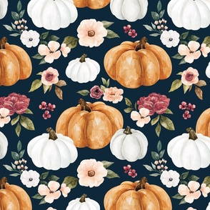 Fall Watercolor Pumpkin Floral on Navy Blue 12 inch