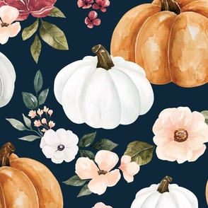 Fall Watercolor Pumpkin Floral on Navy Blue 24 inch