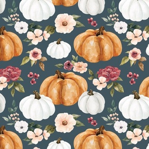 Fall Watercolor Pumpkin Floral on Night Blue 12 inch