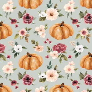 Pink Fall Floral and Pumpkins on Blue 12 inch