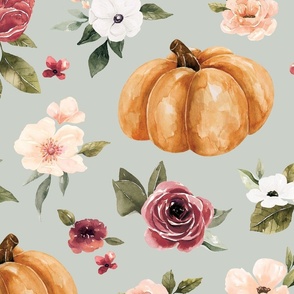 Pink Fall Floral and Pumpkins on Blue 24 inch