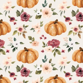Pink Fall Floral and Pumpkins on Cream 12 inch