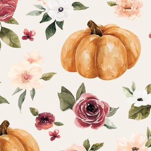 Pink Fall Floral and Pumpkins on Cream 24 inch