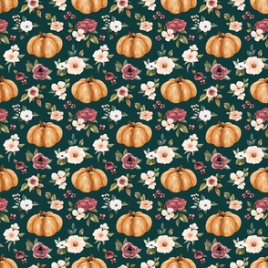 Pink Fall Floral and Pumpkins on Emerald Green 6 inch