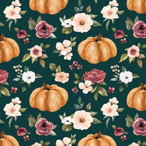 Pink Fall Floral and Pumpkins on Emerald Green 12 inch