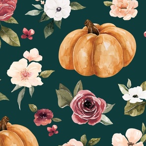 Pink Fall Floral and Pumpkins on Emerald Green 24 inch