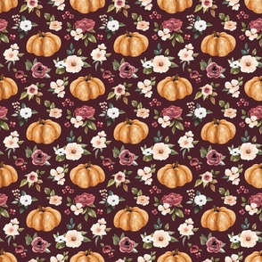 Pink Fall Floral and Pumpkins on Maroon 6 inch