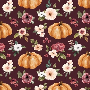 Pink Fall Floral and Pumpkins on Maroon 12  inch
