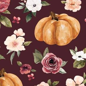 Pink Fall Floral and Pumpkins on Maroon 24 inch
