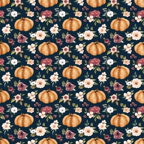 Pink Fall Floral and Pumpkins on Navy Blue 6 inch