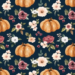 Pink Fall Floral and Pumpkins on Navy Blue 12 inch