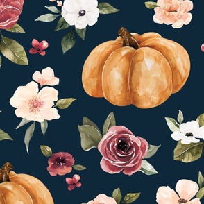 Pink Fall Floral and Pumpkins on Navy Blue 24 inch