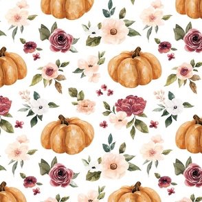 Fall Floral and Pumpkins on White 12 inch