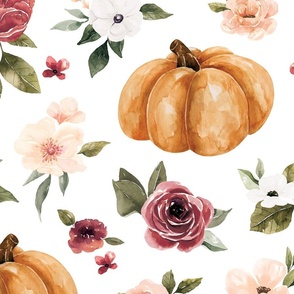Fall Floral and Pumpkins on White 24 inch