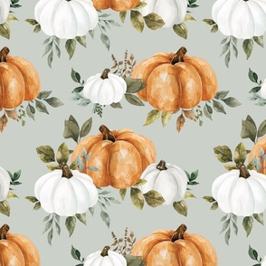 Fall Watercolor Pumpkins and Greenery on Blue 12 inch