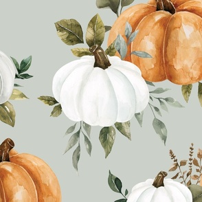 Fall Watercolor Pumpkins and Greenery on Blue 24 inch