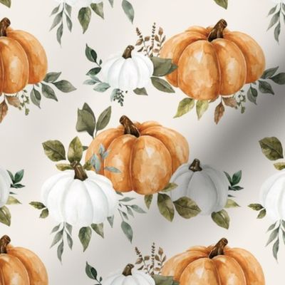 Fall Watercolor Pumpkins and Greenery on Cream 6 inch