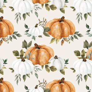 Fall Watercolor Pumpkins and Greenery on Cream 12 inch