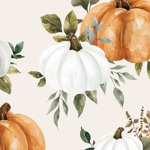 Fall Watercolor Pumpkins and Greenery on Cream 24 inch