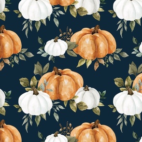 Fall Watercolor Pumpkins and Greenery on Navy Blue 12 inch