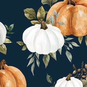 Fall Watercolor Pumpkins and Greenery on Navy Blue 24 inch