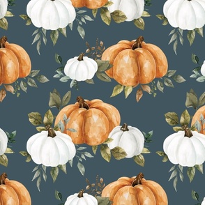 Fall Watercolor Pumpkins and Greenery on Night Blue 12 inch