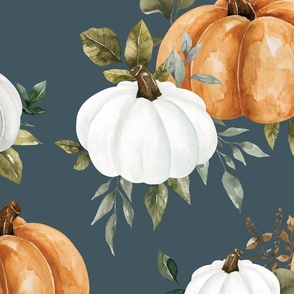 Fall Watercolor Pumpkins and Greenery on Night Blue 24 inch