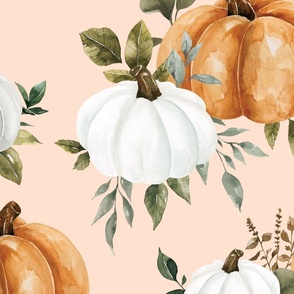 Fall Watercolor Pumpkins and Greenery on Pink 24 inch