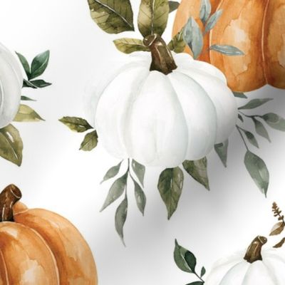 Orange and White Watercolor Pumpkins and Greenery 12 inch