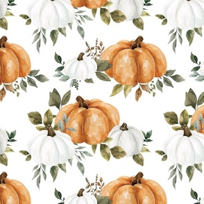 Orange and White Watercolor Pumpkins and Greenery 12 inch