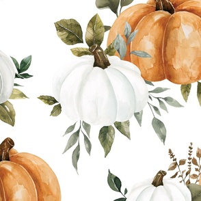 Orange and White Watercolor Pumpkins and Greenery 24 inch
