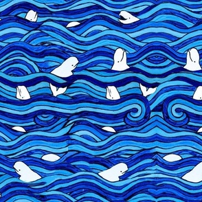 Adorable Happy Beluga Whale & Wave Fabric Design for Nautical Decor