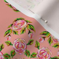 Retro Kaleidoscope Roses Pink on Salmon Pink 