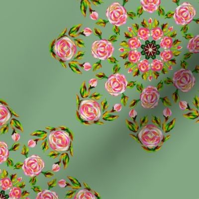 Retro Kaleidoscope Roses Pink on Sage Green