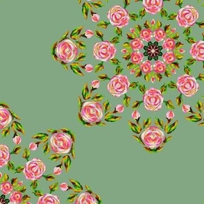 Retro Kaleidoscope Roses Pink on Sage Green