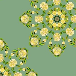 Retro Kaleidoscope Roses Yellow on Sage Green