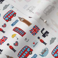 Small London England Handdrawn Motifs Big Ben, Union Jack, Palace Guard, Teatime, Black Cabs on White