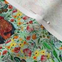 Rustic Farmhouse Wildflower, Rooster, Bee & Butterfly Fabric Design