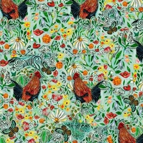 Rustic Farmhouse Wildflower, Rooster, Bee & Butterfly Fabric Design