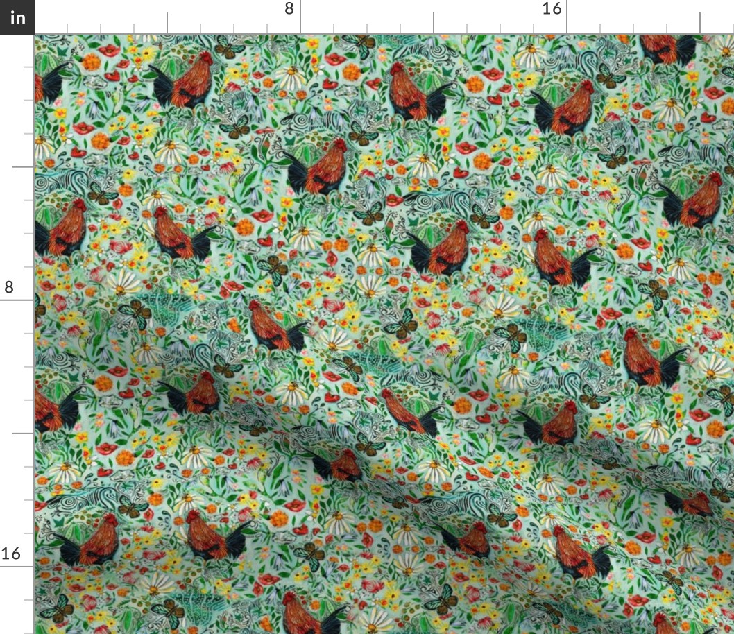 Rustic Farmhouse Wildflower, Rooster, Bee & Butterfly Fabric Design