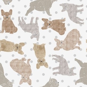 Assorted French Bulldogs and Dots // Tan and Gray On White Background 