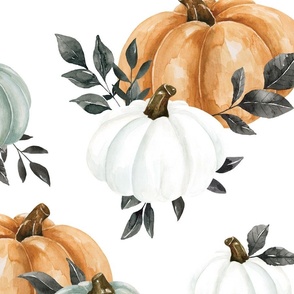 Watercolor Halloween Pumpkins on White 24 inch
