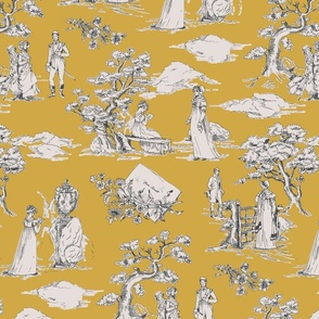 Time Travel - Jane Austen Toile de Jouy - Yellow and Grey - Medium Scale