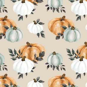 Watercolor Halloween Pumpkins on Taupe 12 inch