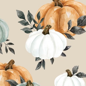 Watercolor Halloween Pumpkins on Taupe 24 inch