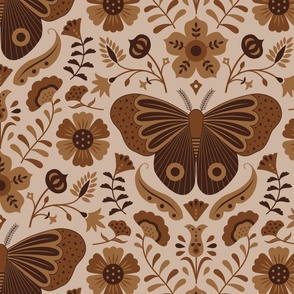 Moth and Floral in Earth Tones – brown, beige, neutral Extra Large Scale