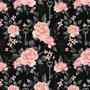 Gothic Floral, Vintage Halloween Floral, Gothic Pink Roses on Black 12 inch