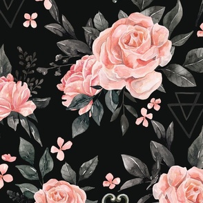 Gothic Floral, Vintage Halloween Floral, Gothic Pink Roses on Black 24 inch